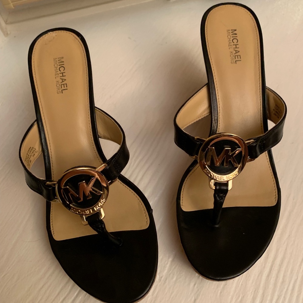 Michael Kors black leather cork wedges